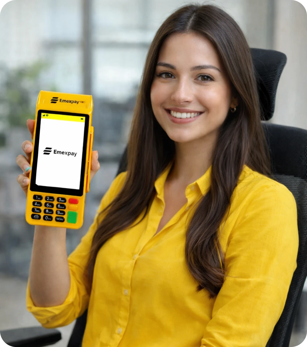 Mulher segurando maquininha EmexPay