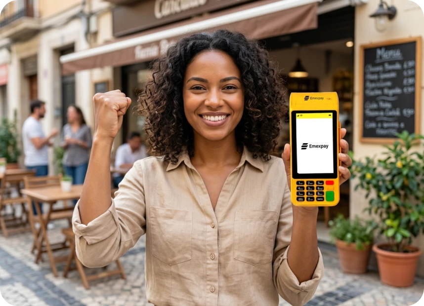 Empresário feliz com maquininha EmexPay